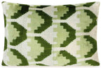 Canvello Handmade Velvet Lumbar Pillow in Green and Cream Ikat Design - High-Quality Decorative Accent with Premium Down Feather Insert Canvello