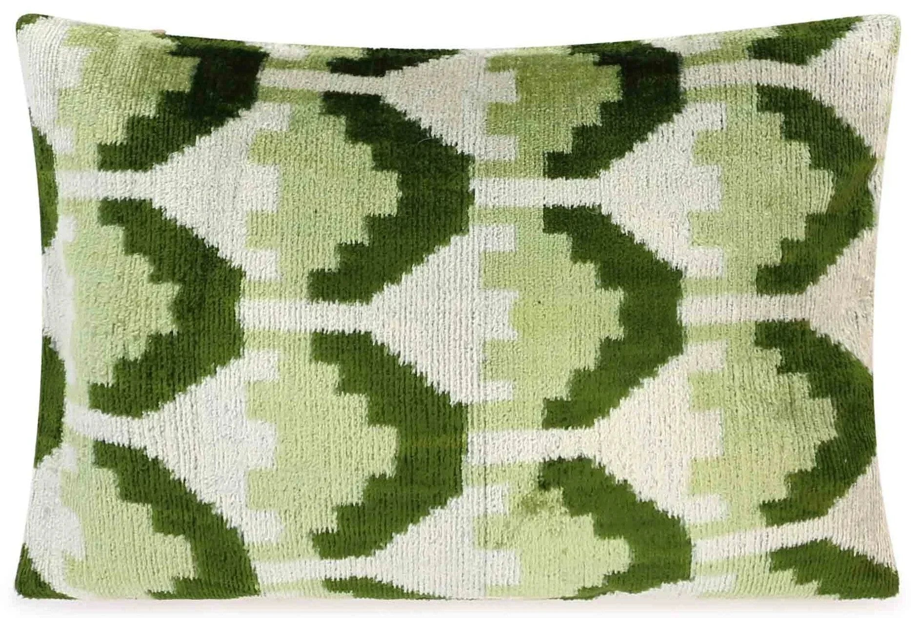 Canvello Handmade Velvet Lumbar Pillow in Green and Cream Ikat Design - High-Quality Decorative Accent with Premium Down Feather Insert Canvello