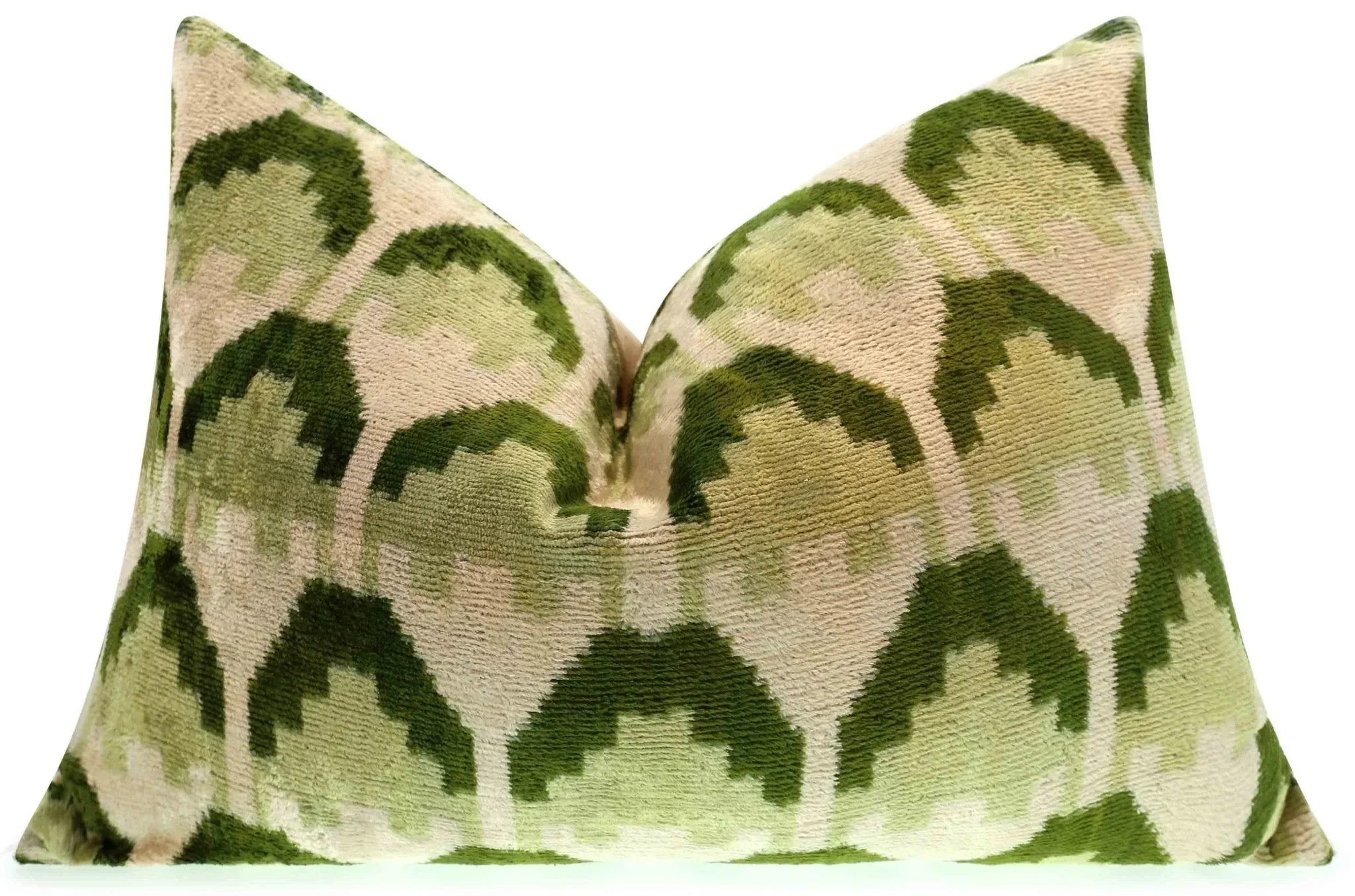 Canvello Handmade Velvet Lumbar Pillow in Green and Cream Ikat Design - High-Quality Decorative Accent with Premium Down Feather Insert Canvello