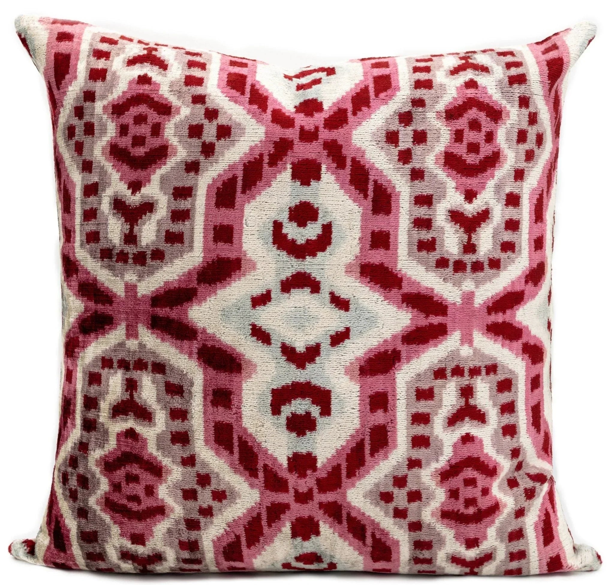 Canvello Handmade Velvet Throw Pillow with Red and Pink Ikat Design - High-Quality 20x20 Inch Decorative Accent with Premium Down Feather Canvello