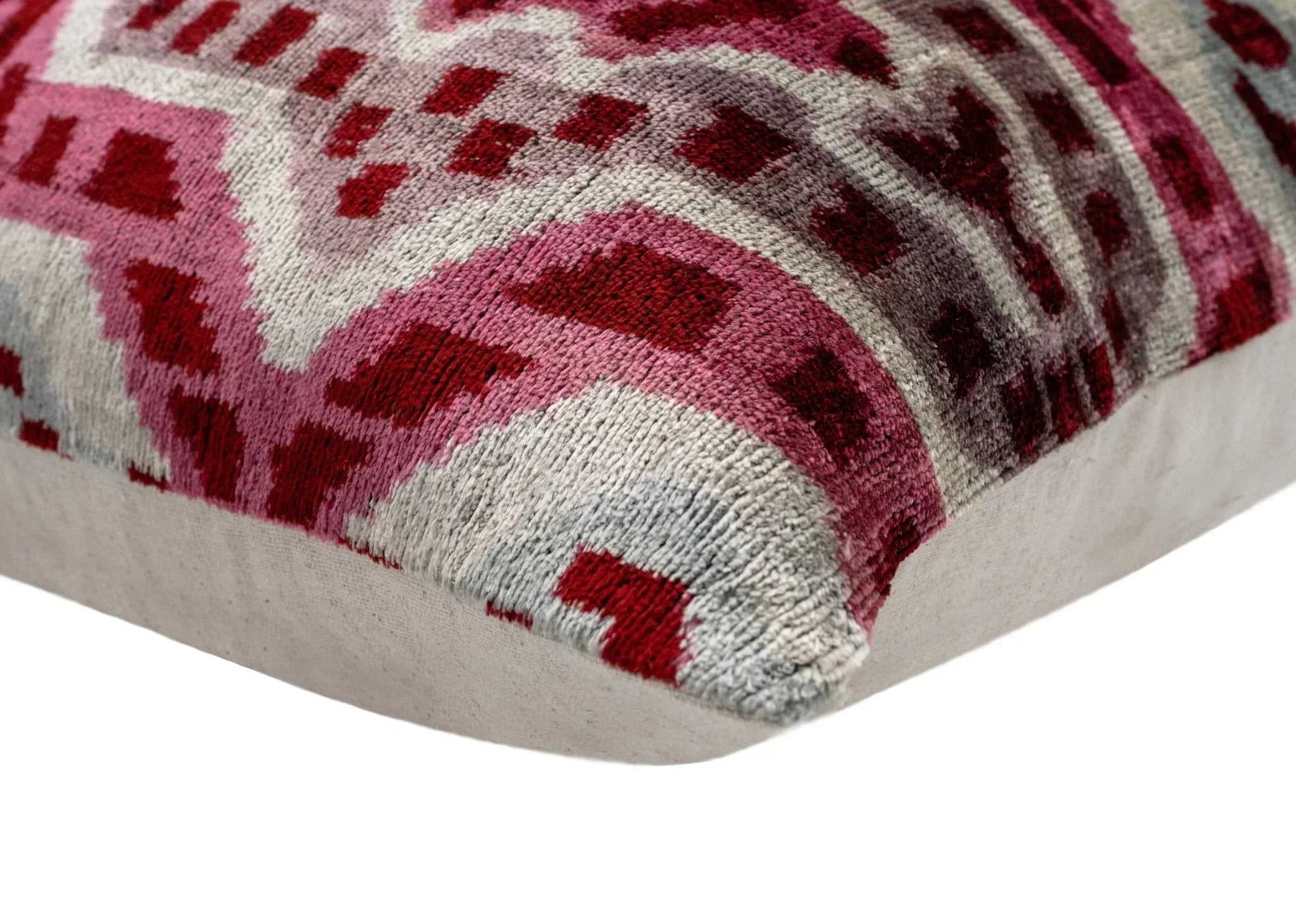 Canvello Handmade Velvet Throw Pillow with Red and Pink Ikat Design - High-Quality 20x20 Inch Decorative Accent with Premium Down Feather Canvello