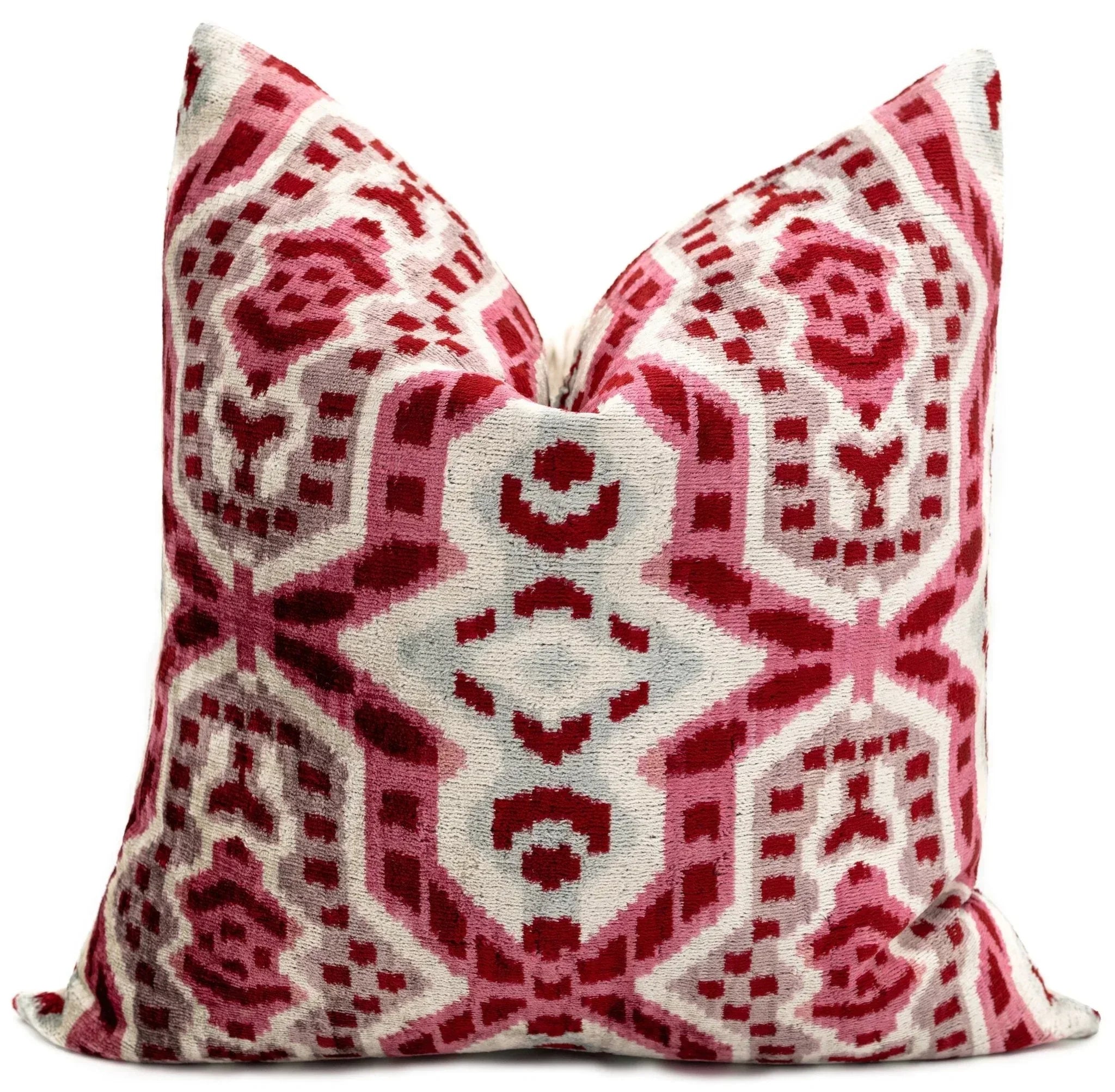 Canvello Handmade Velvet Throw Pillow with Red and Pink Ikat Design - High-Quality 20x20 Inch Decorative Accent with Premium Down Feather Canvello