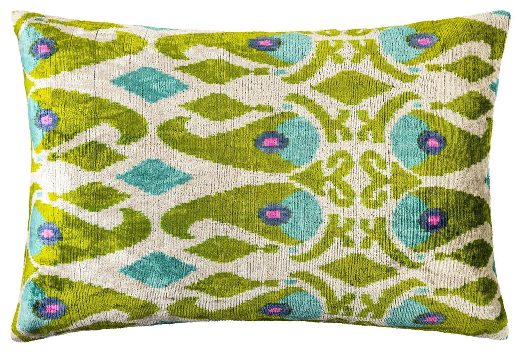 Canvello Luxurious 16x24 Handmade Velvet Silk Pillow with Premium Down Feather Insert - Elegant Green and Blue Patterned Design Canvello