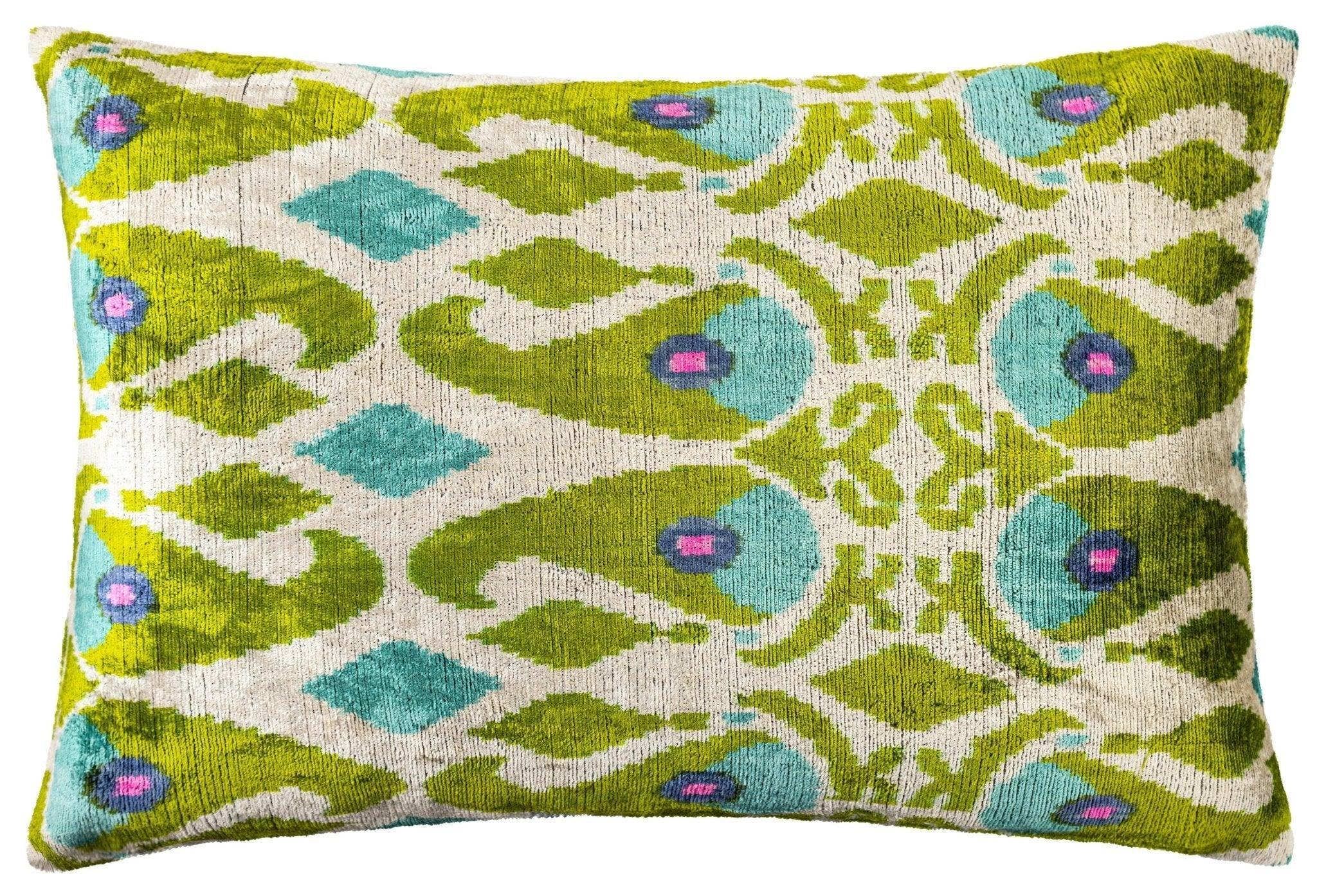 Canvello Luxurious 16x24 Handmade Velvet Silk Pillow with Premium Down Feather Insert - Elegant Green and Blue Patterned Design Canvello