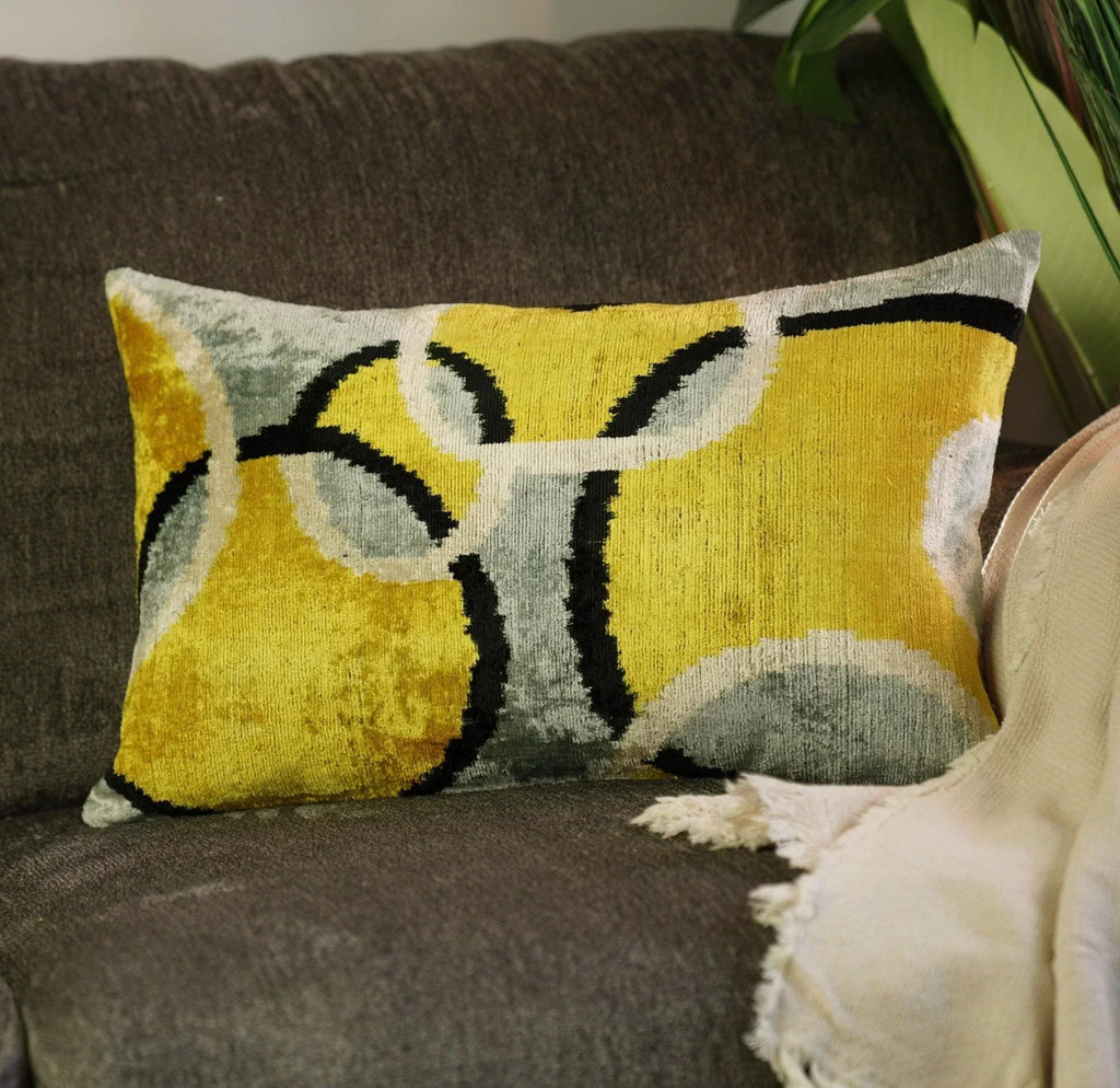 Canvello Luxury Decorative Yellow Gray Pillow with Down Insert- 16x24 in, back view - House Of Avana