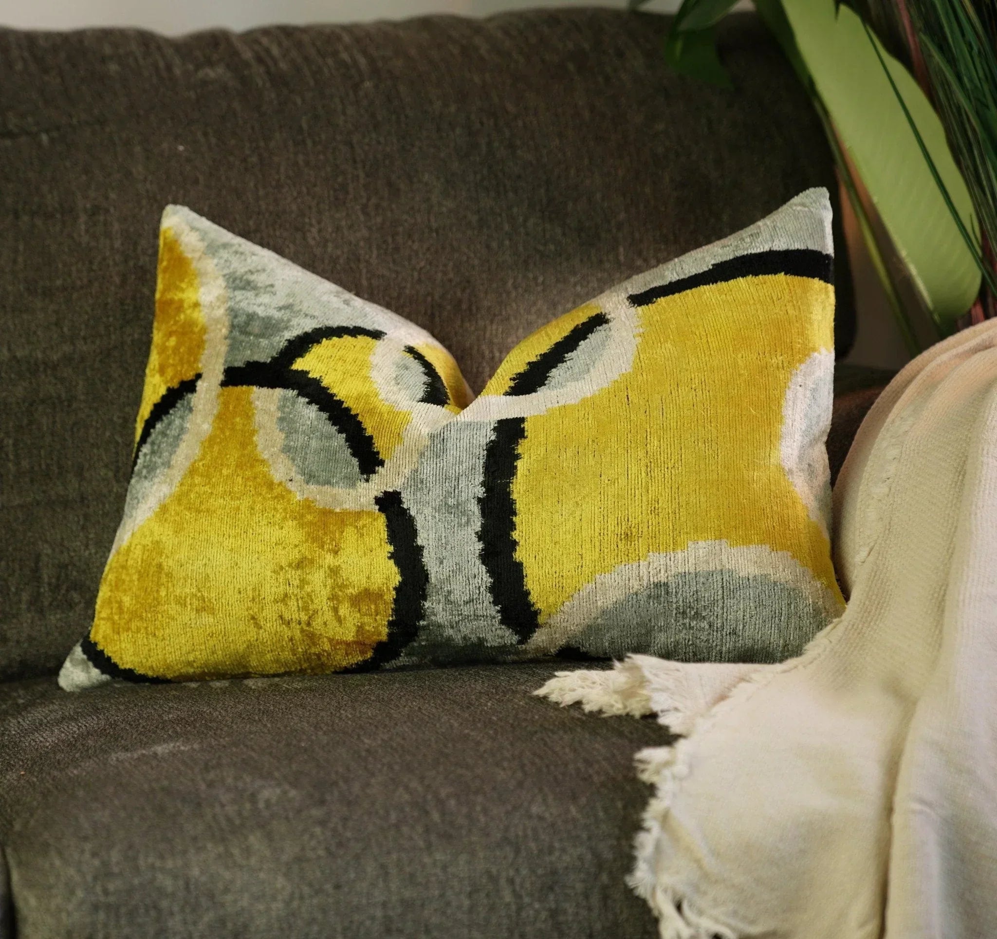 Canvello Luxury Decorative Yellow Gray Pillow with Down Insert- 16x24 in, detail shot - House Of Avana