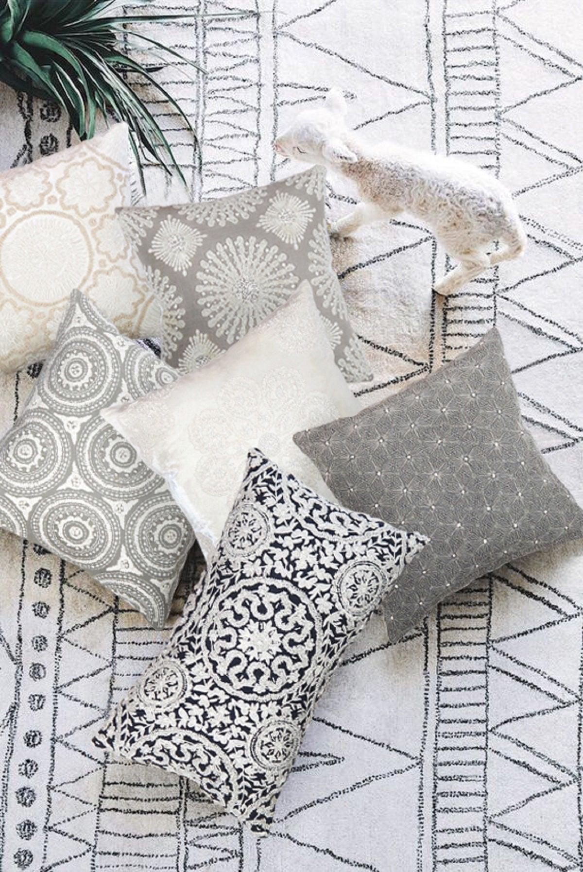 Canvello Naples Embroidered Pillow, Grey/ivory, side view - House Of Avana