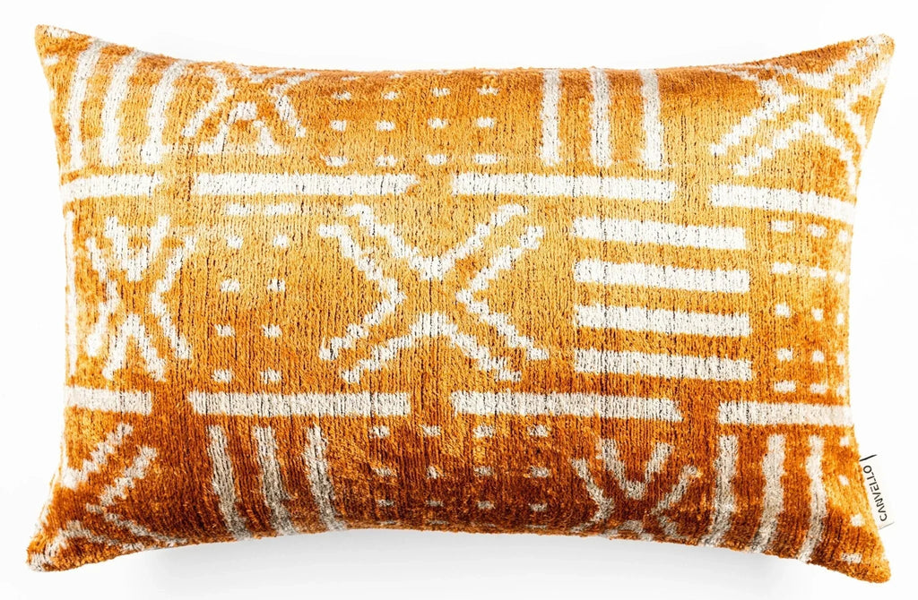 Canvello Organic Handmade Silk Velvet Pillow: 16x24 Inches with Premium Down Feather Insert - Luxury Copper Orange Geometric Floral Pattern Canvello