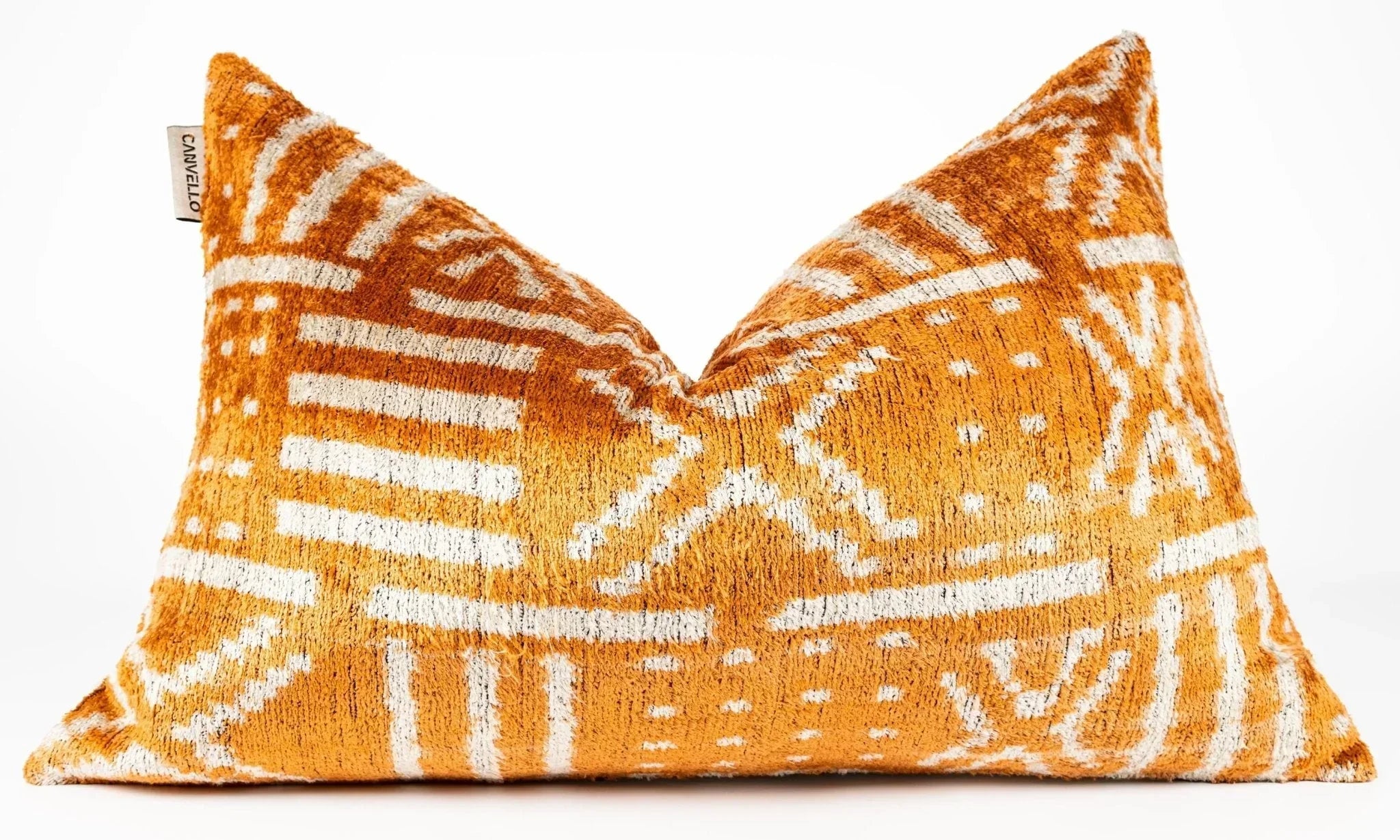 Canvello Organic Handmade Silk Velvet Pillow: 16x24 Inches with Premium Down Feather Insert - Luxury Copper Orange Geometric Floral Pattern Canvello