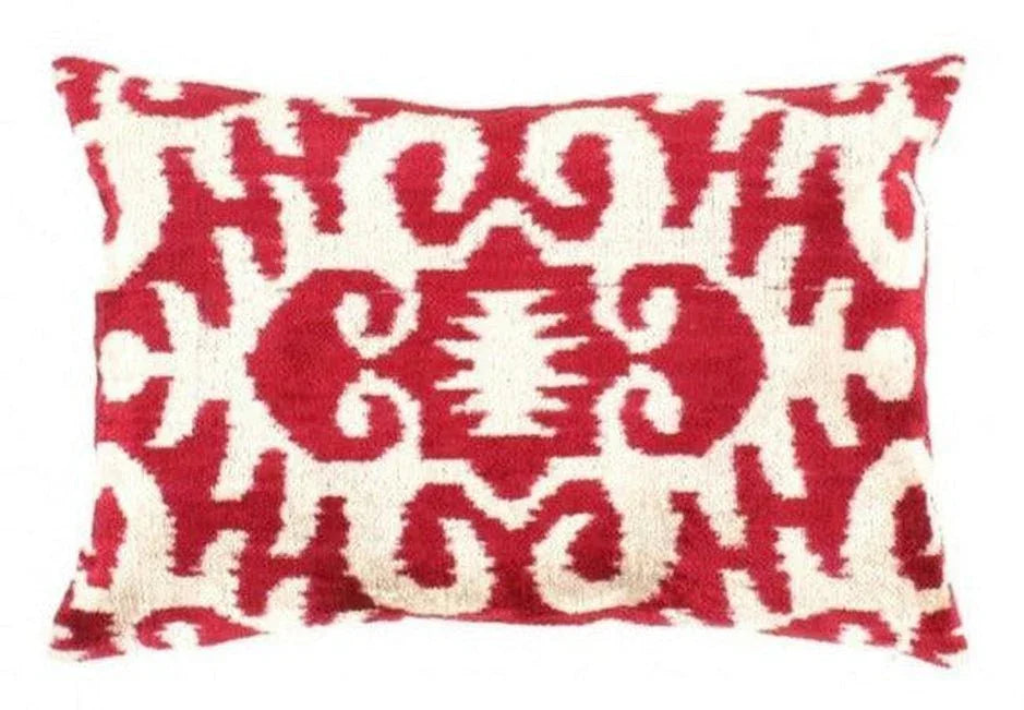 Canvello Red White Designer Ikat Velvet Throw Pillow - 16" X 24" Canvello
