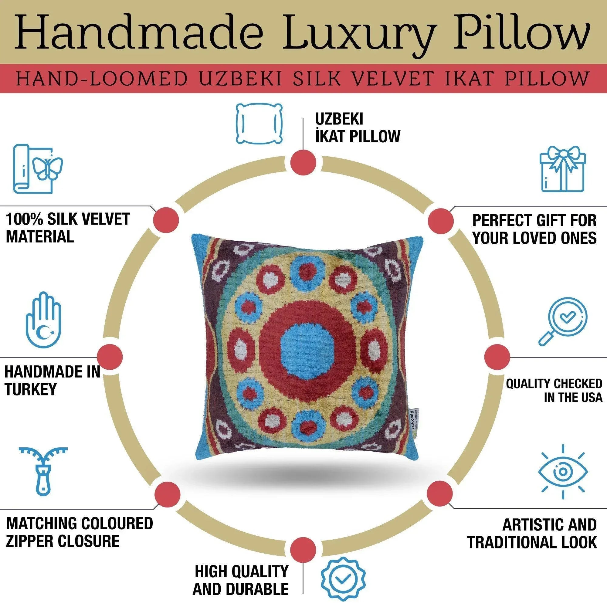 Canvello Silk Velvet Gold Blue Red Pillows - 16x16 in Canvello