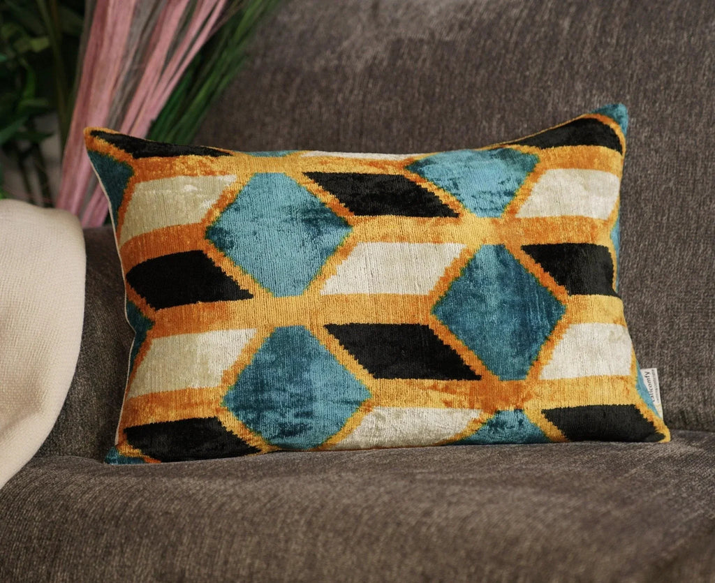 Canvello Soft Velvet Blue Gold Black Pillows For Sofa - 16X24 in Canvello