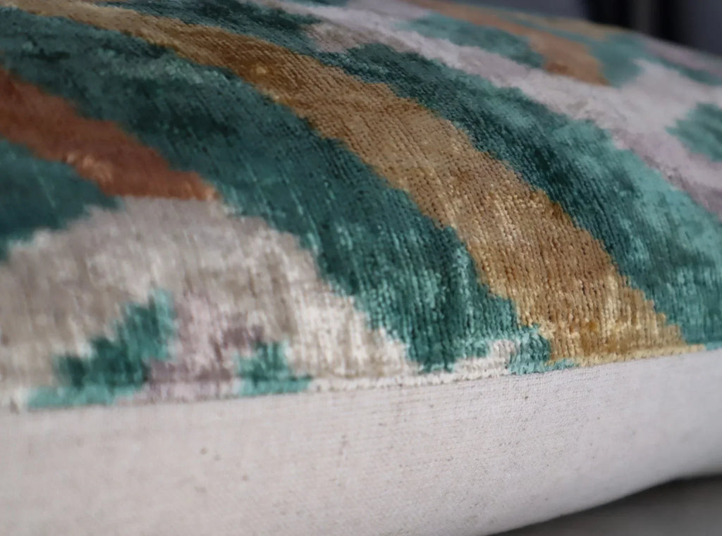 Canvello Teal Beige Brown Vegetable Dyed Handmade Turkish Silk Velvet Pillow - a Work of Art, texture detail - House Of Avana