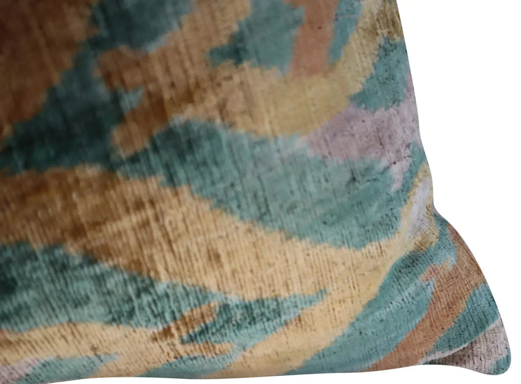 Canvello Teal Beige Brown Vegetable Dyed Handmade Turkish Silk Velvet Pillow - a Work of Art, in-use display - House Of Avana