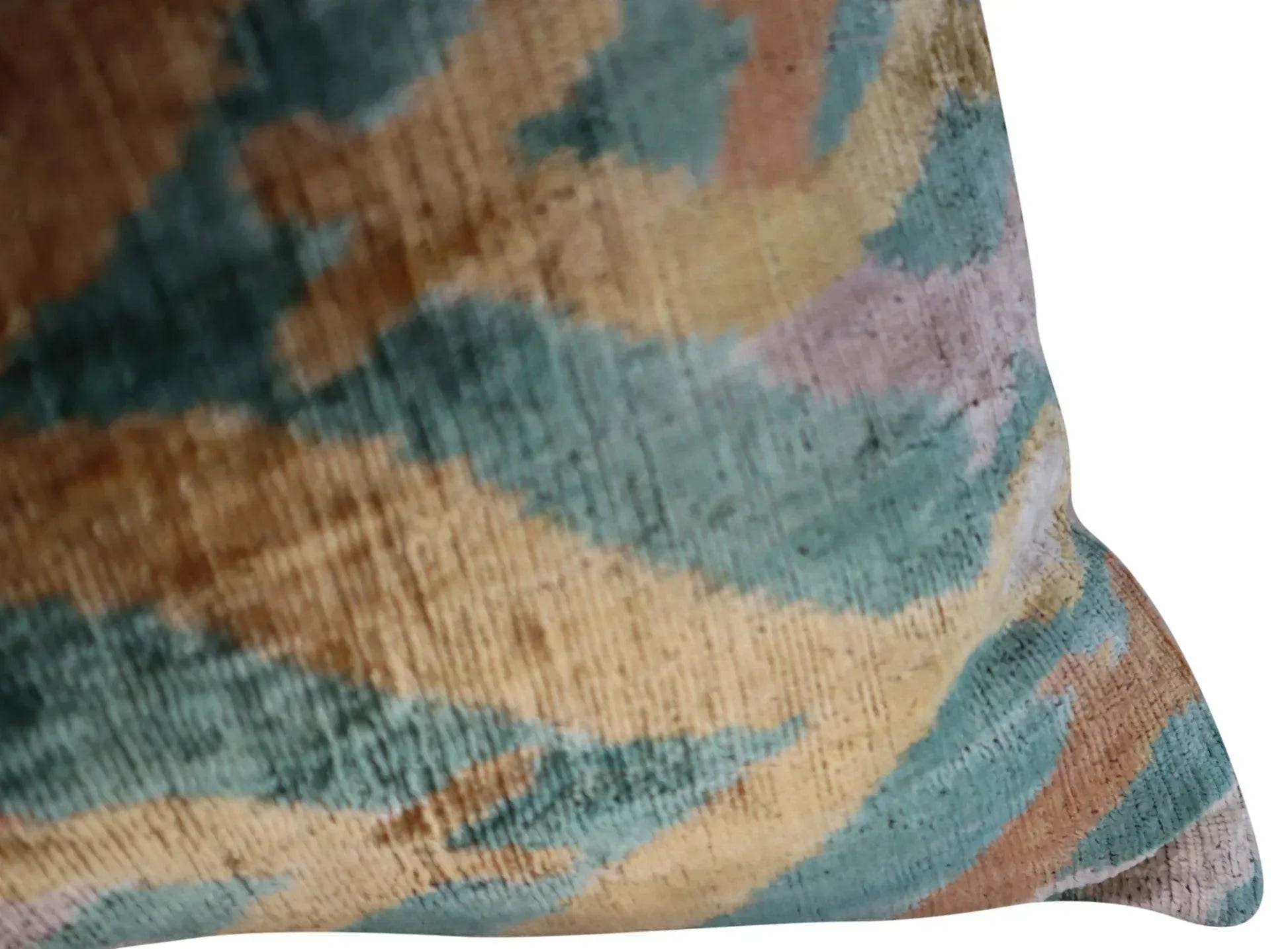 Canvello Teal Beige Brown Vegetable Dyed Handmade Turkish Silk Velvet Pillow - a Work of Art, in-use display - House Of Avana