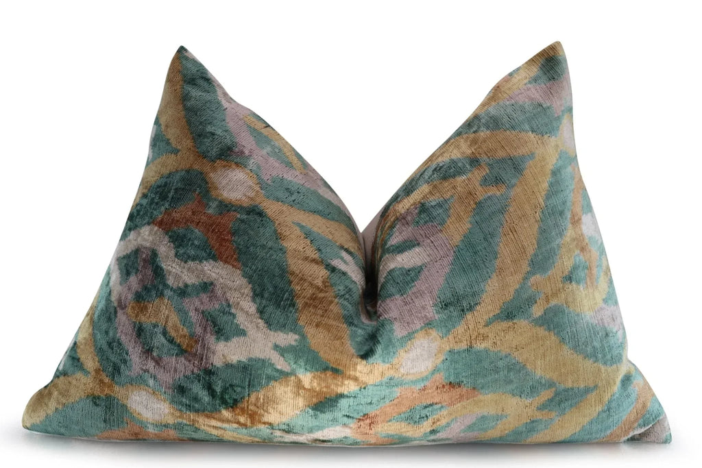 Canvello Teal Beige Brown Vegetable Dyed Handmade Turkish Silk Velvet Pillow - a Work of Art, side view - House Of Avana