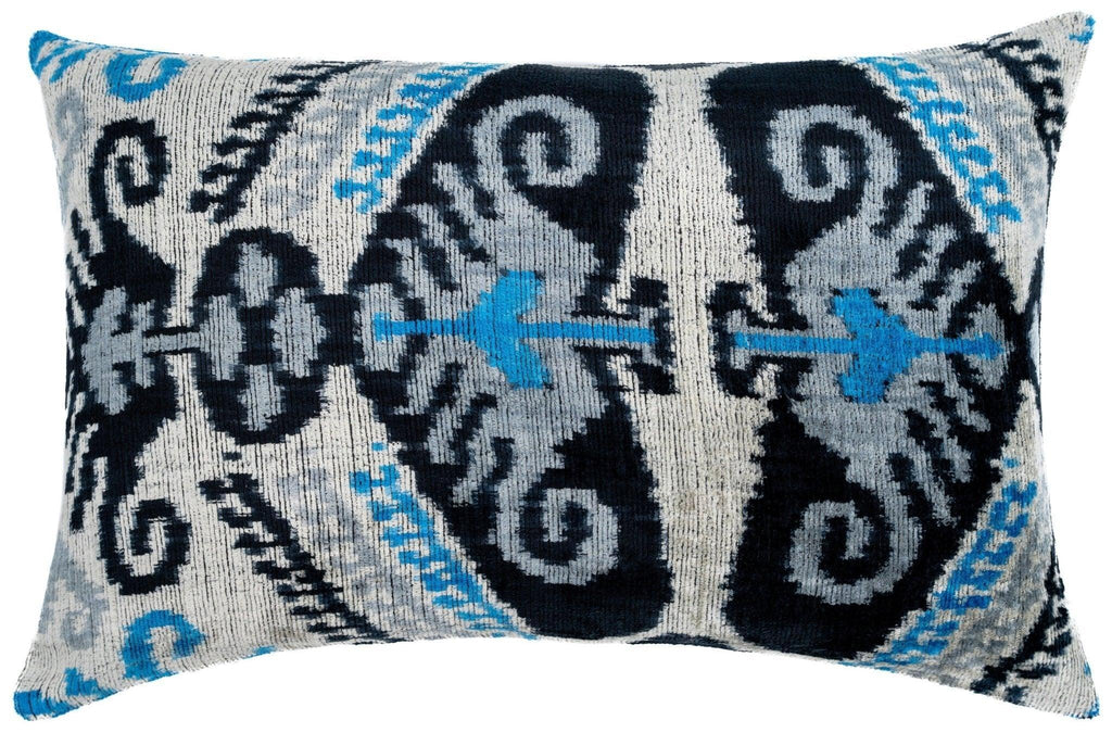 Canvello Unique THROW PILLOW, + Down Feather, Couch Cushion, Luxury Fabric, Decorative Black Blue Silk VELVET Ikat Lumbar Throw Pillow 16X24 Canvello