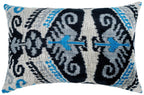 Canvello Unique THROW PILLOW, + Down Feather, Couch Cushion, Luxury Fabric, Decorative Black Blue Silk VELVET Ikat Lumbar Throw Pillow 16X24 Canvello