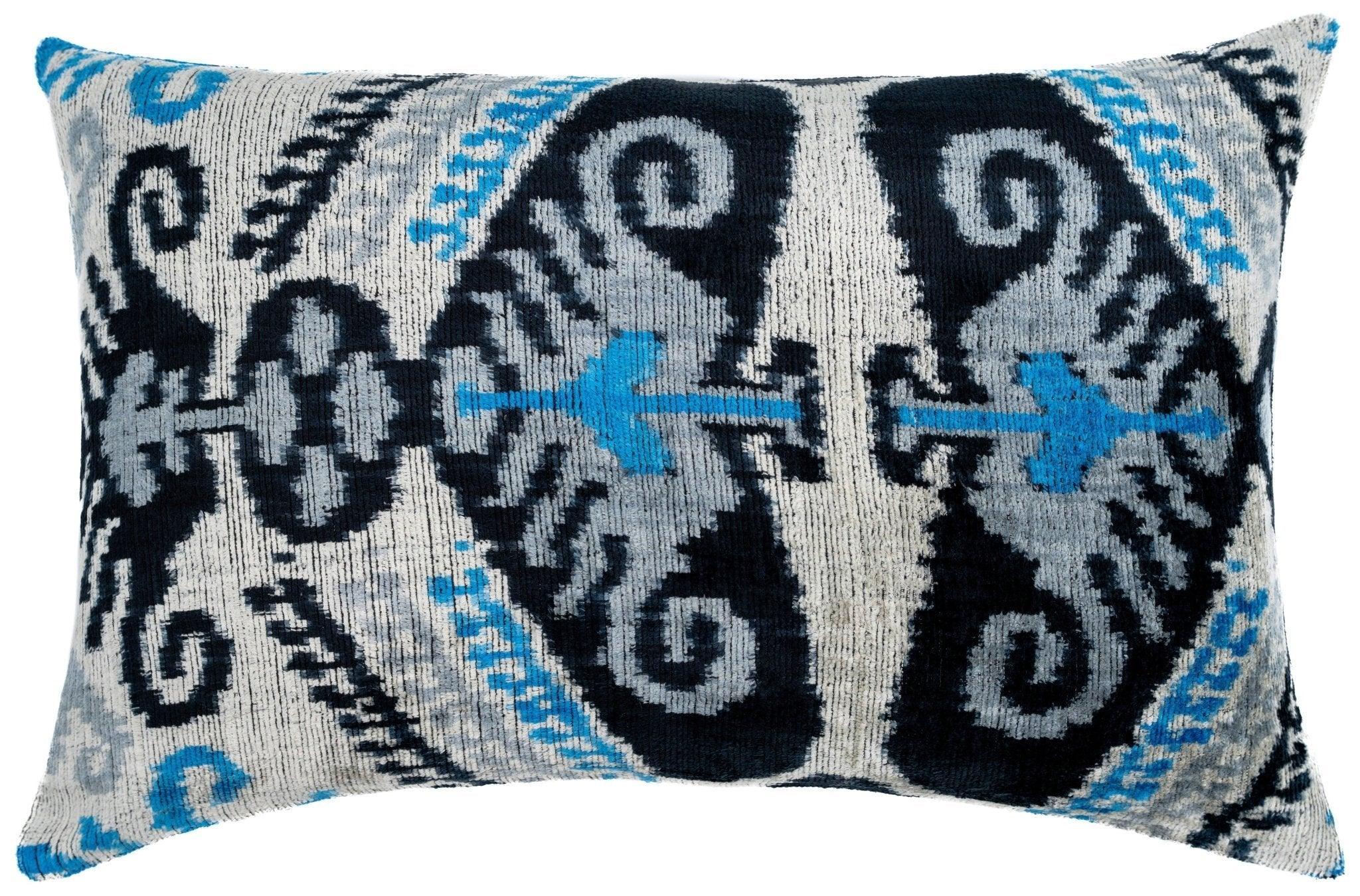 Canvello Unique THROW PILLOW, + Down Feather, Couch Cushion, Luxury Fabric, Decorative Black Blue Silk VELVET Ikat Lumbar Throw Pillow 16X24 Canvello