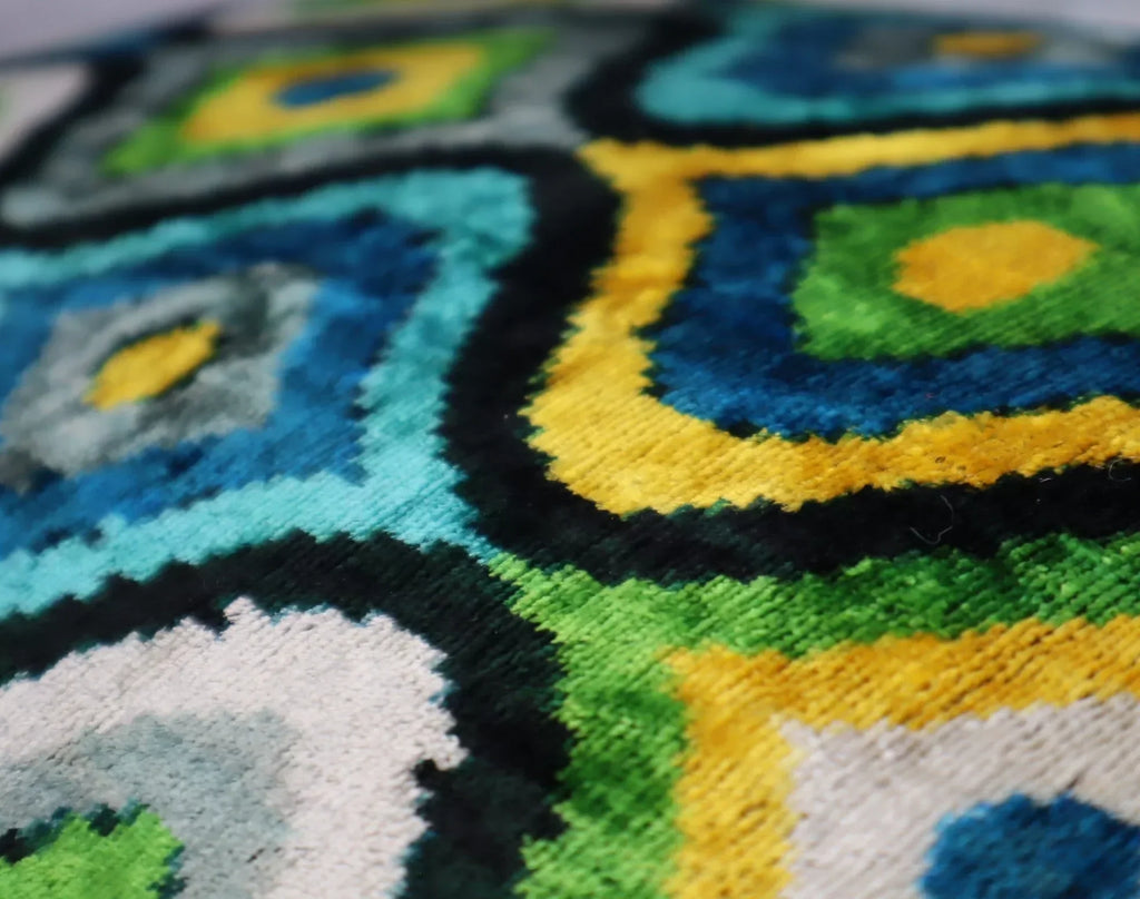 Canvello Yellow Blue Handmade 16x24 Silk Velvet Pillow, Organic Veg Dyed, Down/feather Filled, texture... - House Of Avana