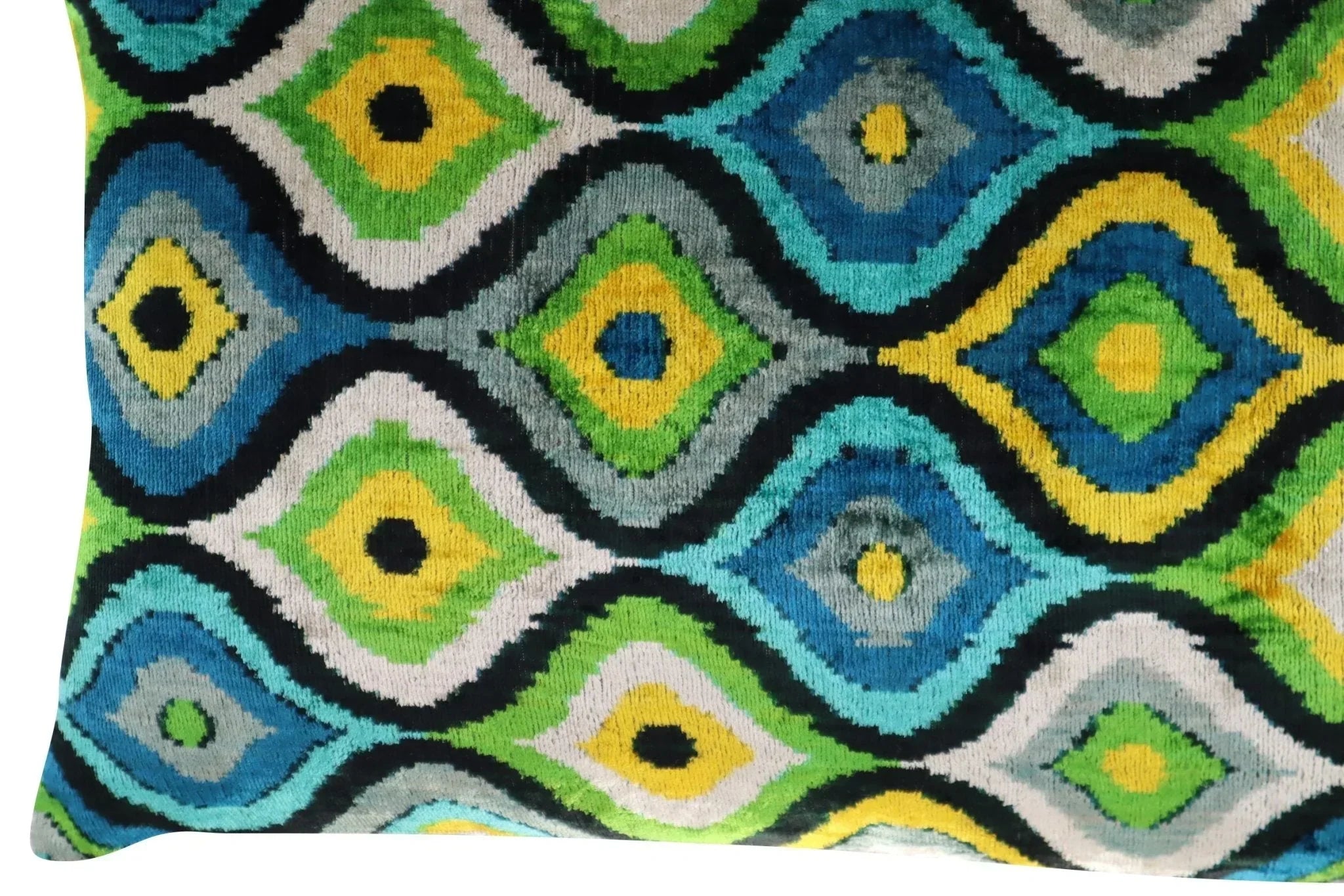 Canvello Yellow Blue Handmade 16x24 Silk Velvet Pillow, Organic Veg Dyed, Down/feather Filled, detail shot - House Of Avana