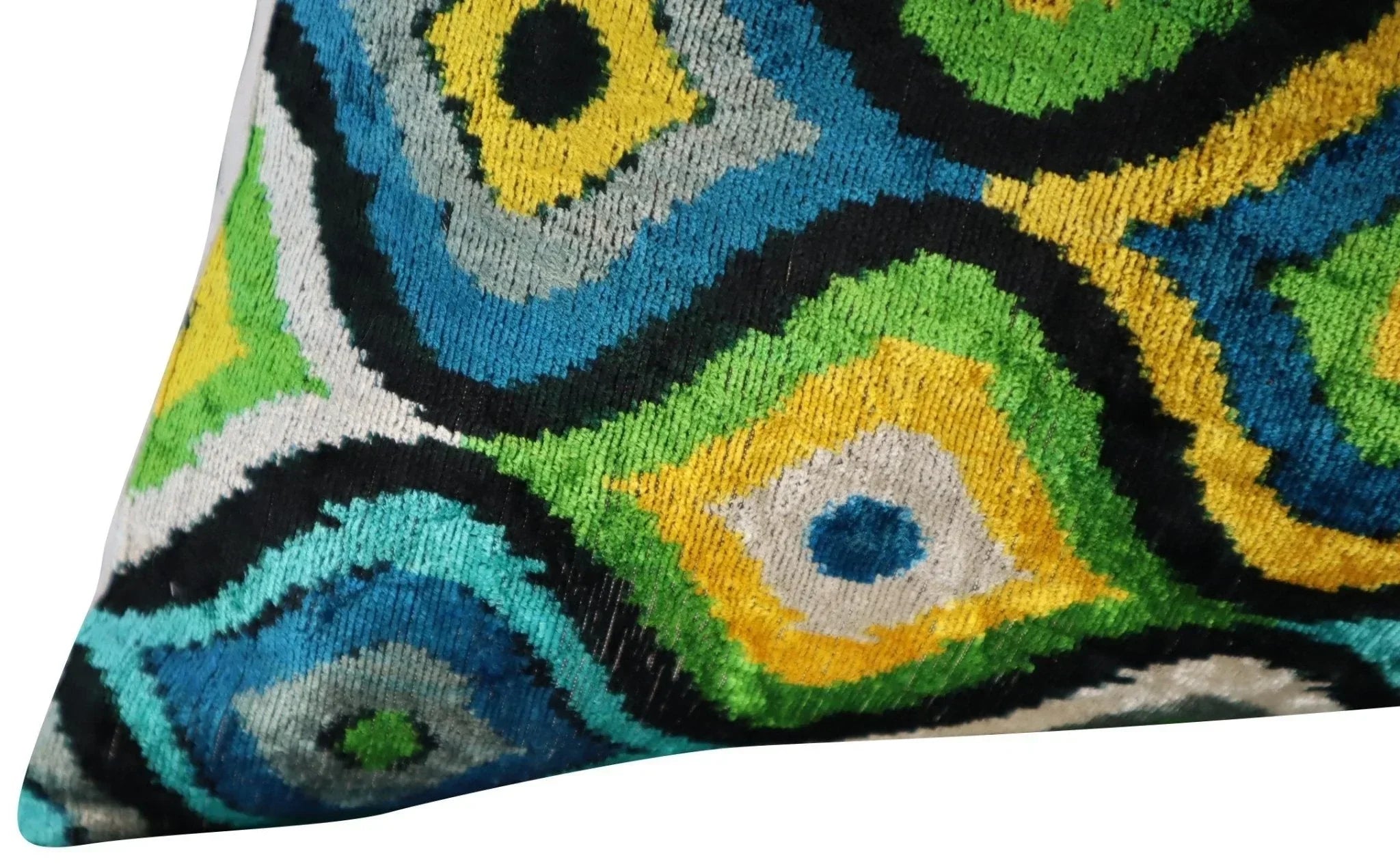 Canvello Yellow Blue Handmade 16x24 Silk Velvet Pillow, Organic Veg Dyed, Down/feather Filled, angled view - House Of Avana