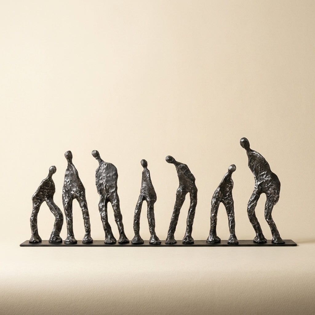 A set of seven dark metallic figurative sculptures of human figures in various poses, arranged in a row on a rectangular base against a warm beige background. [[SKU:HOA-SCU-012]]