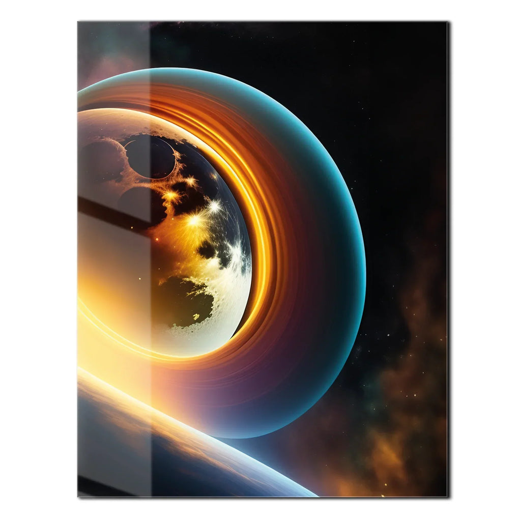 Celestial Ringscape – Glowing Planet with Rings UV Glass Wall Art - KAFCD099 Peony Atelier