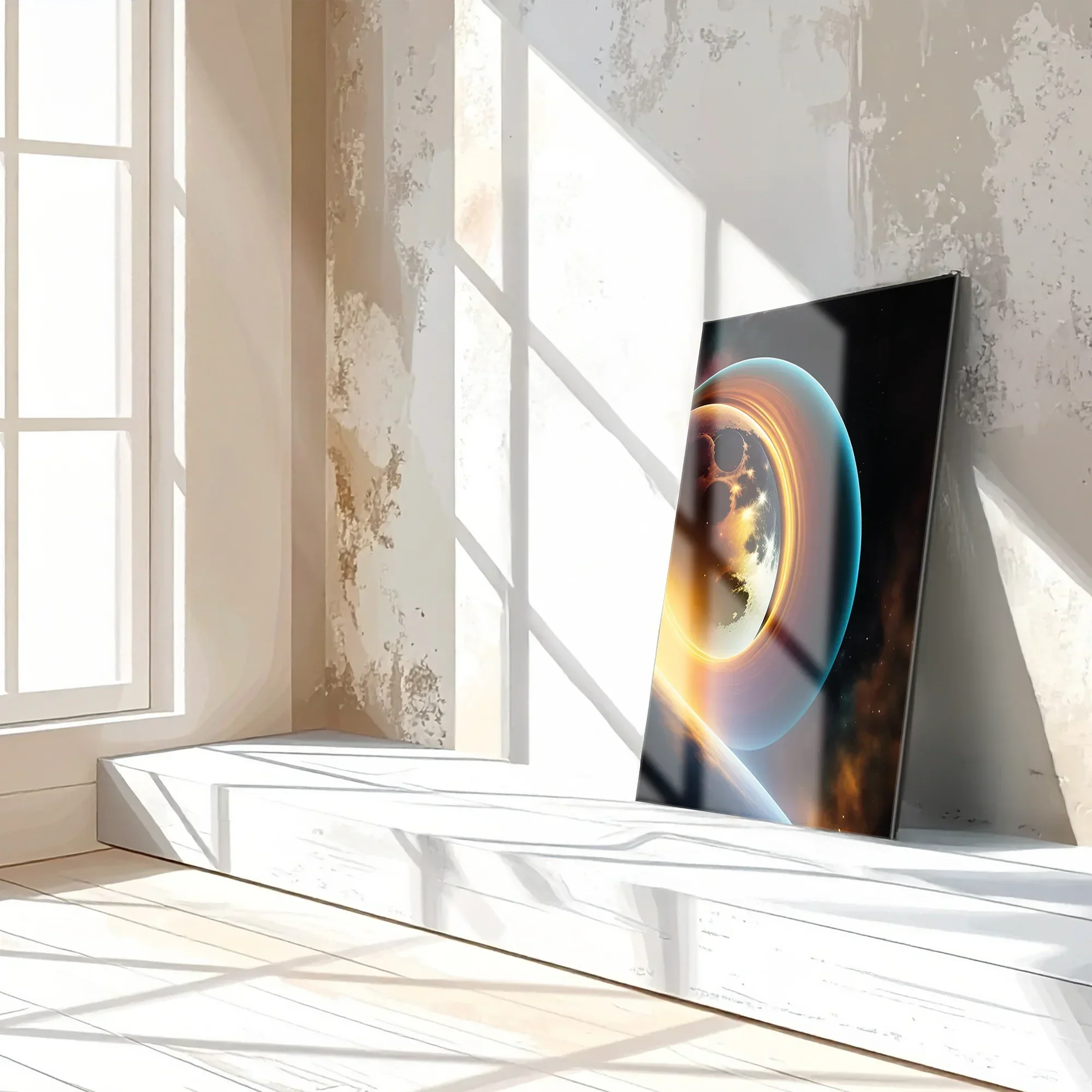 Celestial Ringscape – Glowing Planet with Rings UV Glass Wall Art - KAFCD099 Peony Atelier