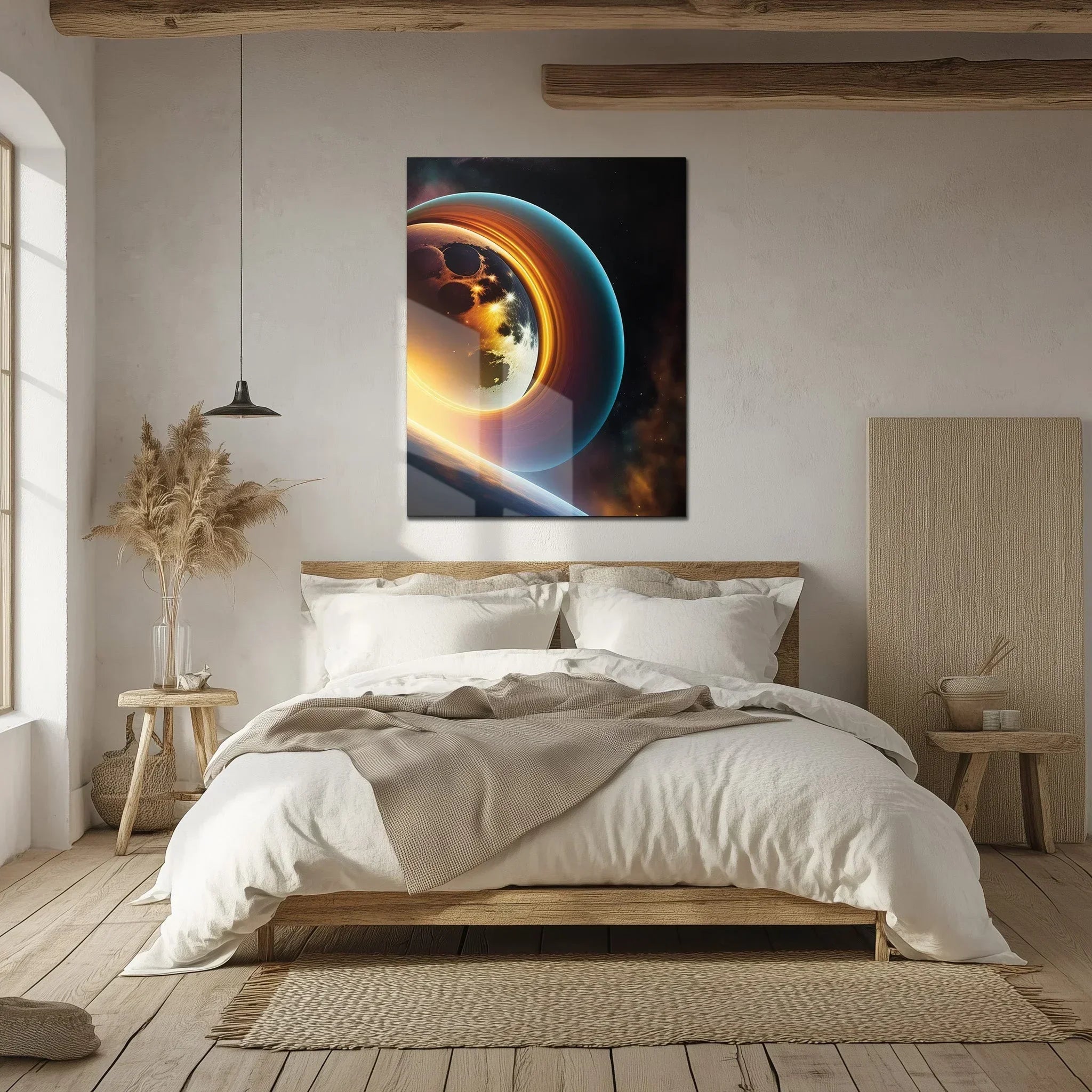 Celestial Ringscape – Glowing Planet with Rings UV Glass Wall Art - KAFCD099 Peony Atelier
