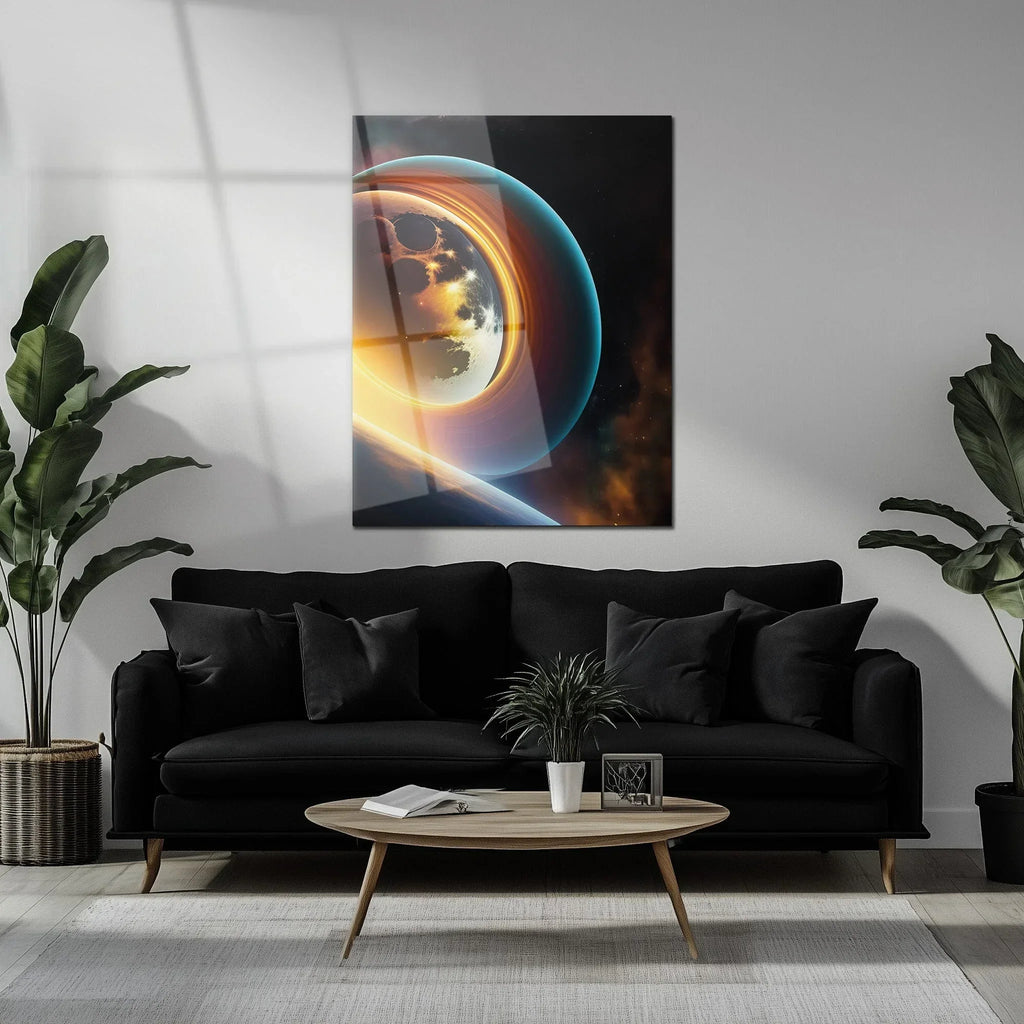 Celestial Ringscape – Glowing Planet with Rings UV Glass Wall Art - KAFCD099 Peony Atelier