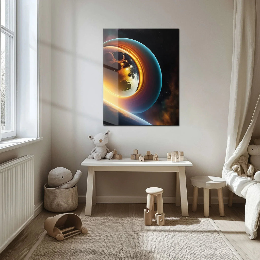 Celestial Ringscape – Glowing Planet with Rings UV Glass Wall Art - KAFCD099 Peony Atelier