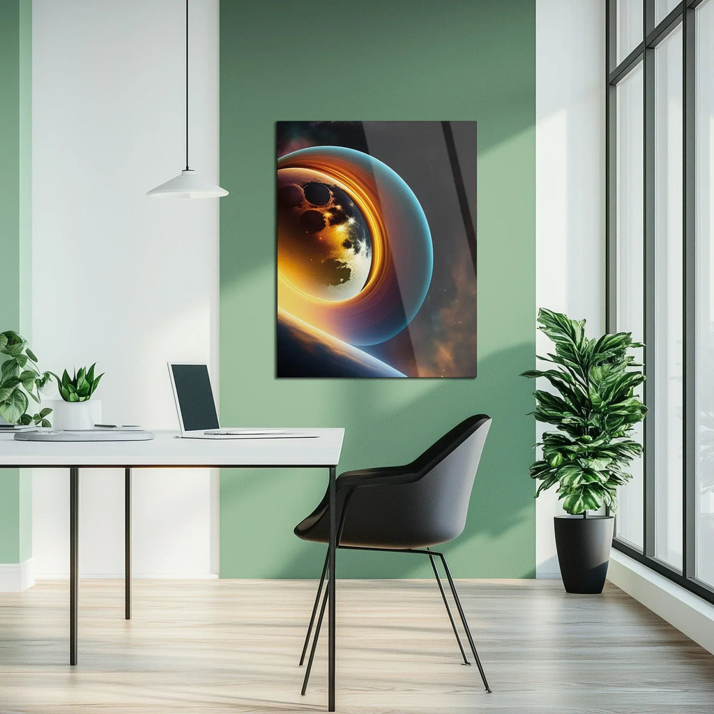 Celestial Ringscape – Glowing Planet with Rings UV Glass Wall Art - KAFCD099 Peony Atelier