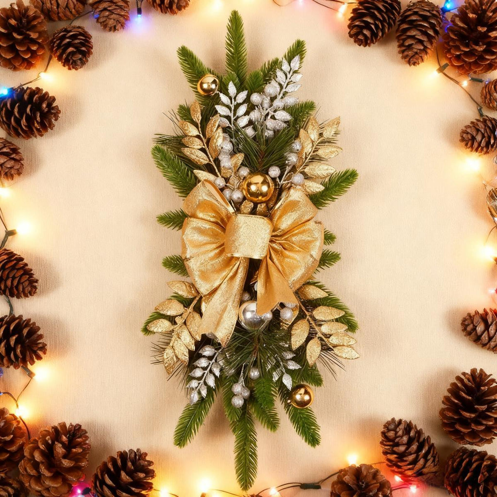 Ceramic Bow Christmas Ornament, Red, with Pinecones and Hanging Loop - House Of Avana