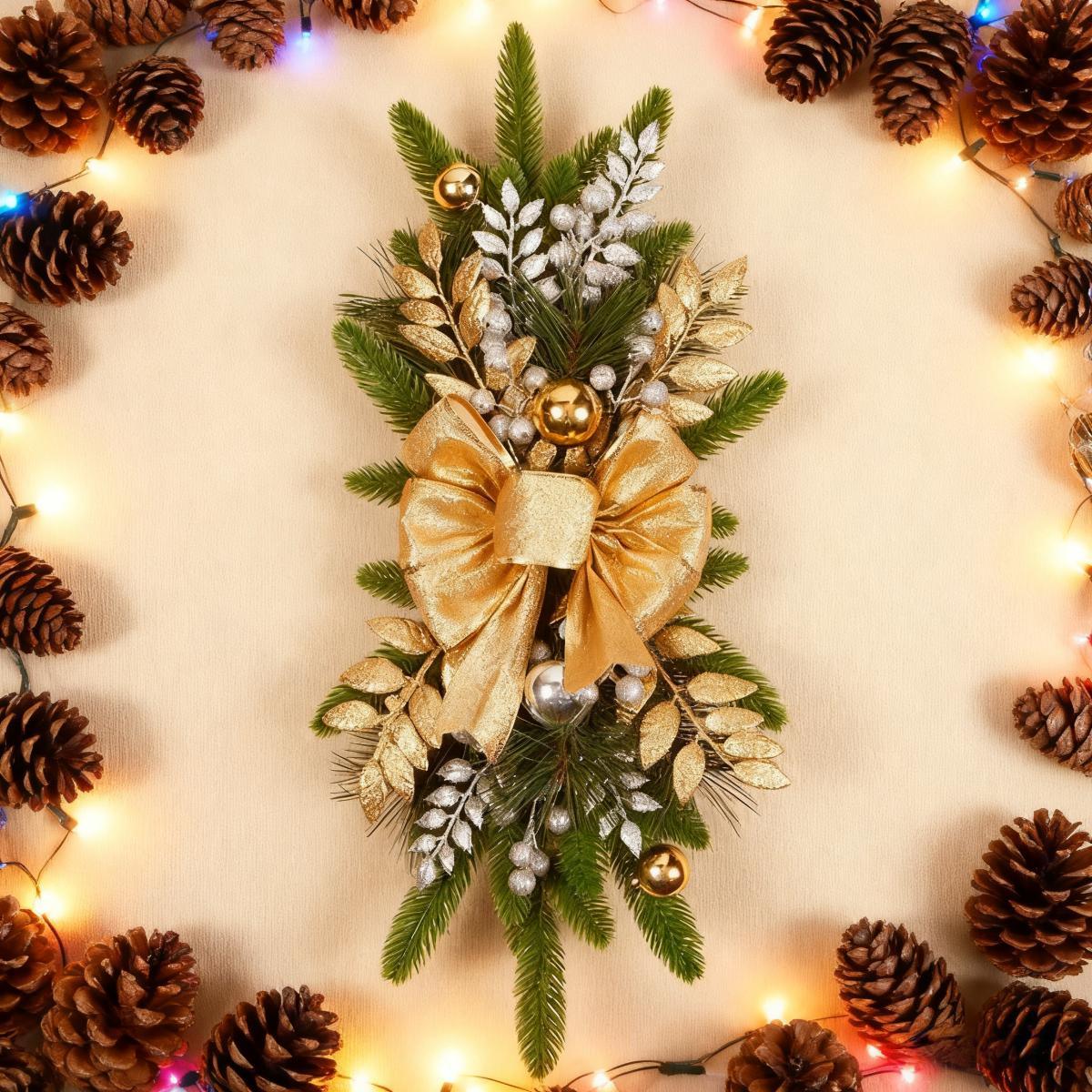 Ceramic Bow Christmas Ornament, Red, with Pinecones and Hanging Loop - House Of Avana