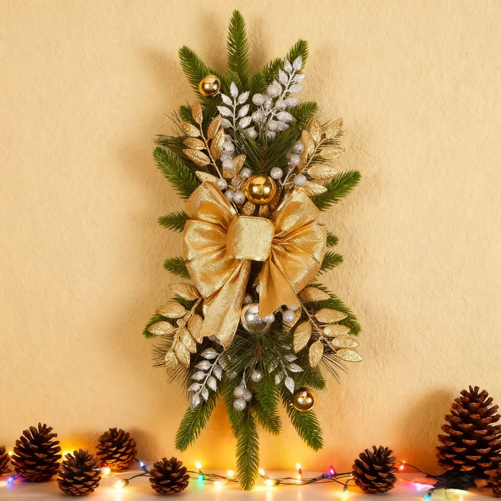 Ceramic Bow Christmas Ornament, Red, with Pinecones and Hanging Loop - House Of Avana