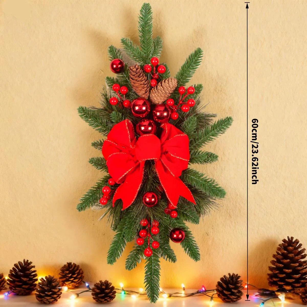 Ceramic Bow Christmas Ornament, Red, with Pinecones and Hanging Loop - House Of Avana