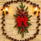 Ceramic Bow Christmas Ornament, Red, with Pinecones and Hanging Loop - House Of Avana