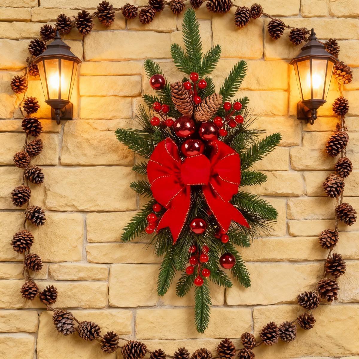 Ceramic Bow Christmas Ornament, Red, with Pinecones and Hanging Loop - House Of Avana