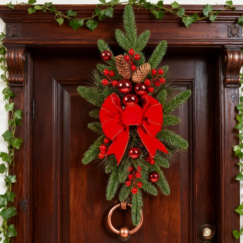 Ceramic Bow Christmas Ornament, Red, with Pinecones and Hanging Loop - House Of Avana