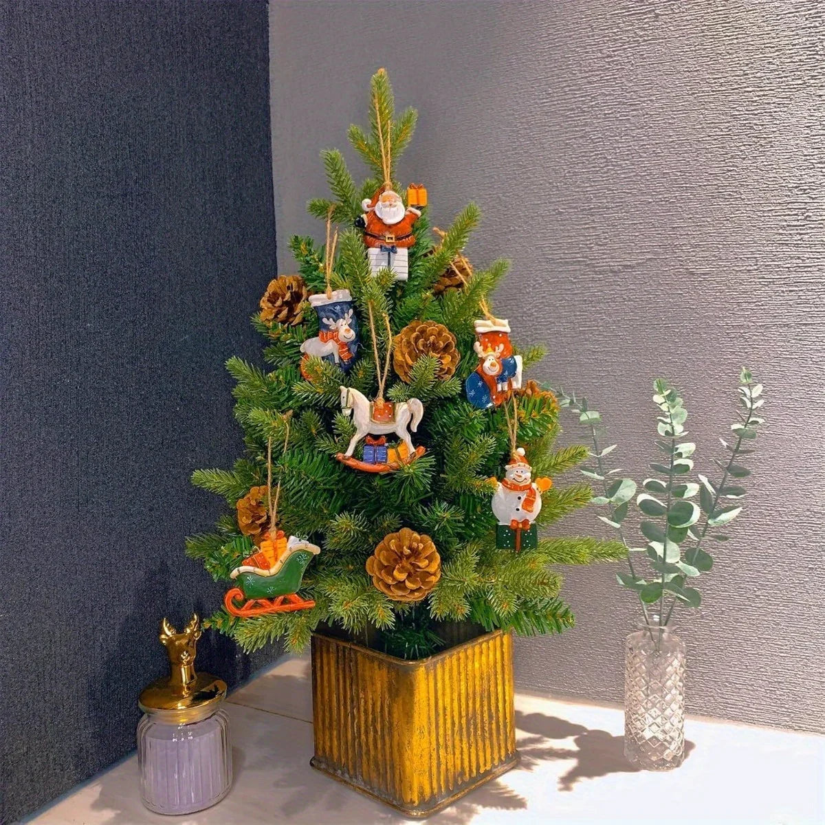 Ceramic Christmas Tree Topper Set - Santa, Snowman & Sleigh Ornaments - House Of Avana [[SKU:HOA-SCU-239]]