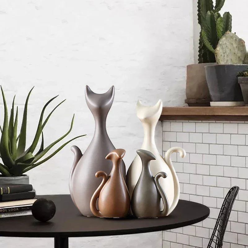 Ceramic Cat Family Abstract Figurines Modern Art Statue Animal Sculpture Home Living Room Shelf... - House Of Avana