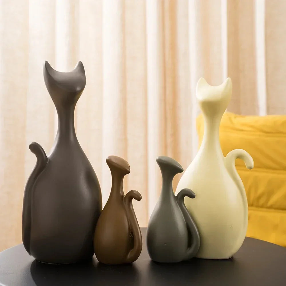 Ceramic Cat Family Abstract Figurines Modern Art Statue Animal Sculpture Home Living Room Shelf... - House Of Avana
