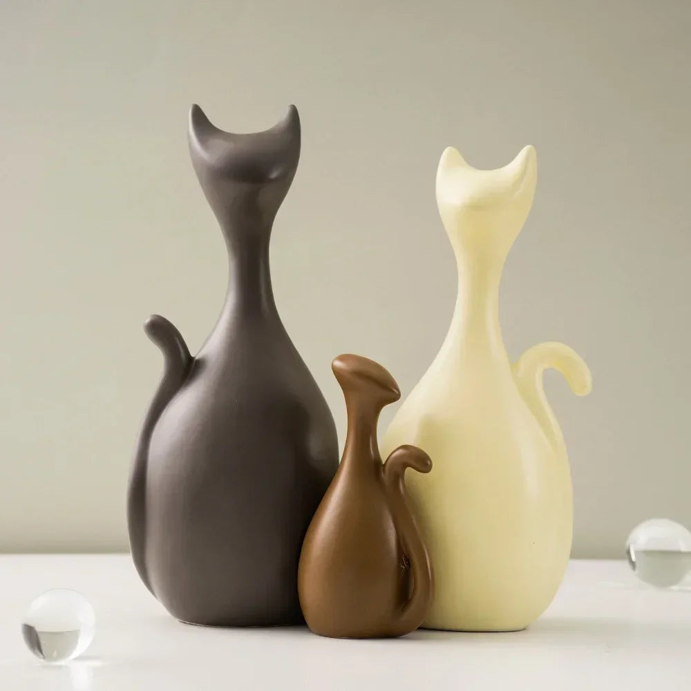 Ceramic Cat Family Abstract Figurines Modern Art Statue Animal Sculpture Home Living Room Shelf... - House Of Avana