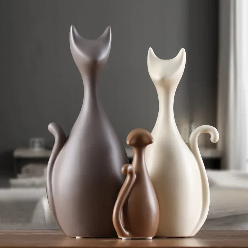 Ceramic Cat Family Abstract Figurines Modern Art Statue Animal Sculpture Home Living Room Shelf... - House Of Avana