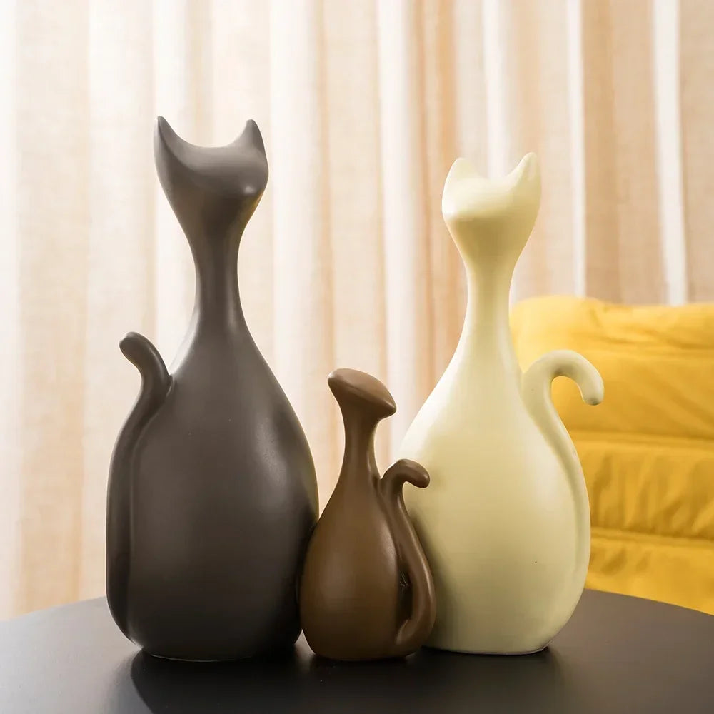 Ceramic Cat Family Abstract Figurines Modern Art Statue Animal Sculpture Home Living Room Shelf... - House Of Avana