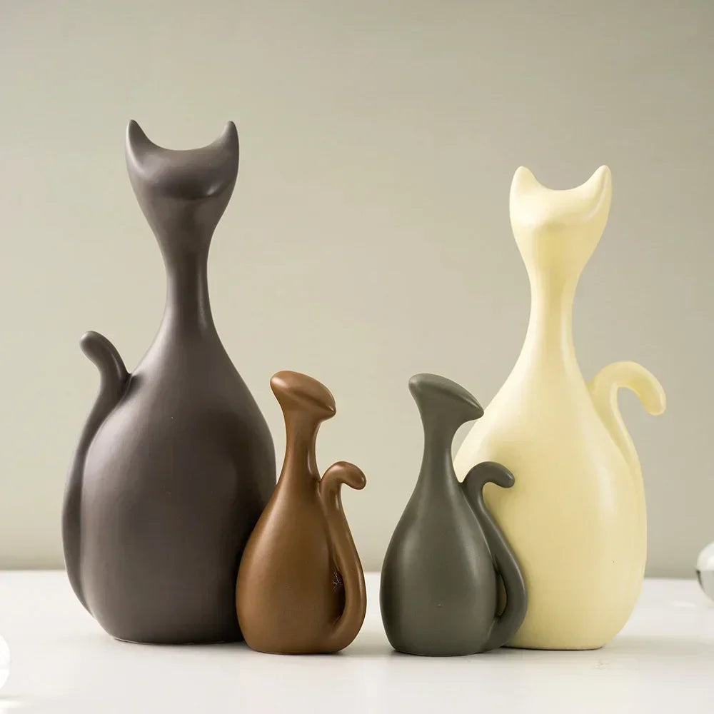 Ceramic Cat Family Abstract Figurines Modern Art Statue Animal Sculpture Home Living Room Shelf... - House Of Avana