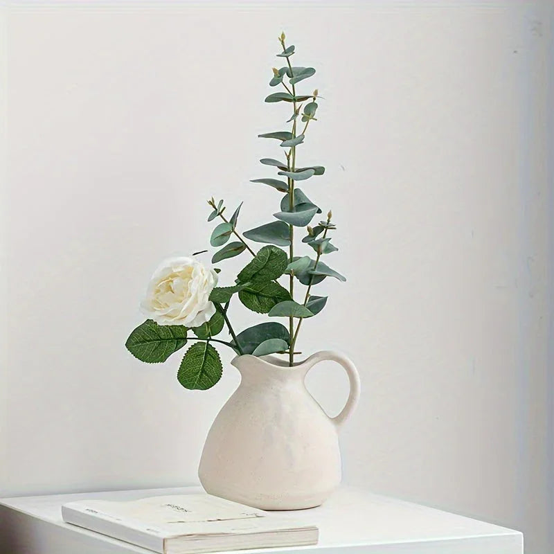 Ceramic Kettle Vase, Rustic White Cylinder Pottery with Handle, in-use display - House Of Avana [[SKU:HOA-VAS-022]]