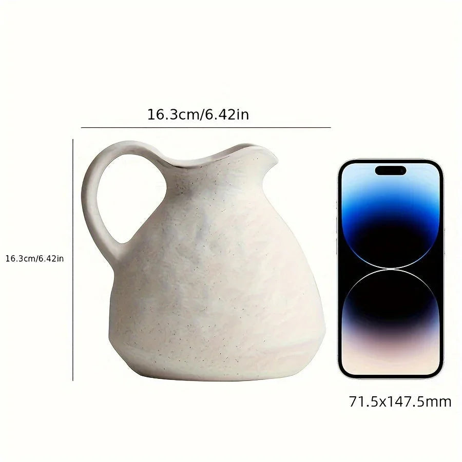 Ceramic Kettle Vase, Rustic White Cylinder Pottery with Handle, alternate view - House Of Avana