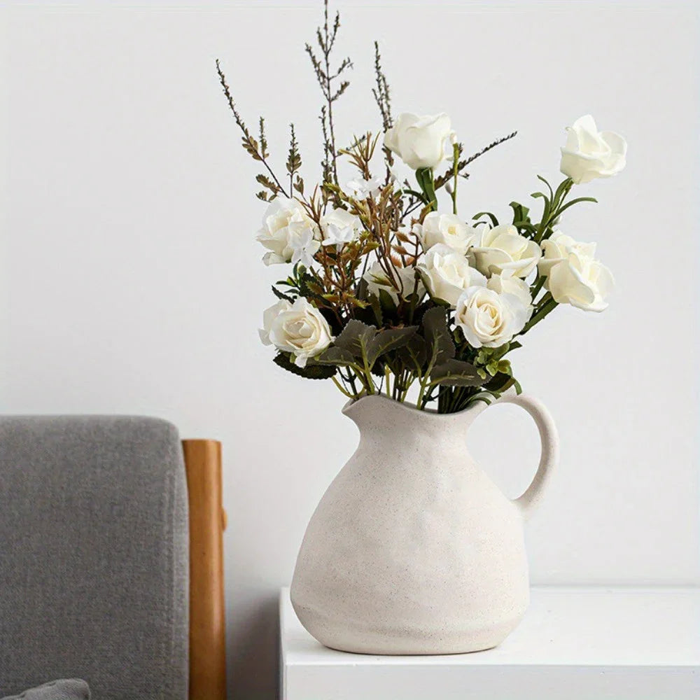 Ceramic Kettle Vase, Rustic White Cylinder Pottery with Handle, detail shot - House Of Avana [[SKU:HOA-VAS-022]]